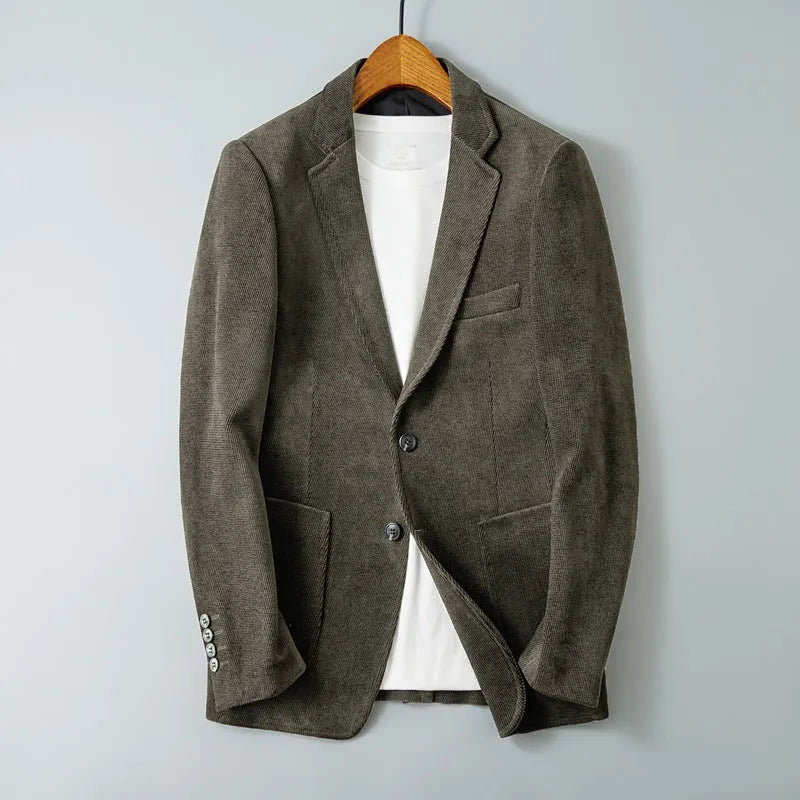 Slim-fit single-breasted Korean style jacket in khaki with straight hem and long sleeves on a hanger