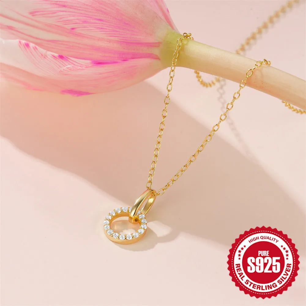Gold-coloured 925 sterling silver women's clavicle chain with micro inlaid zircon pendant, adjustable from 21cm to 50cm