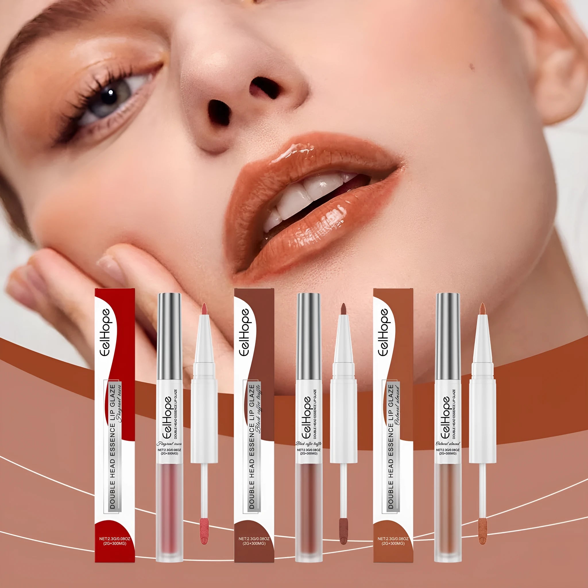 Double-headed lip liner and lacquer pen with lip gloss and a matching eyeliner pencil.