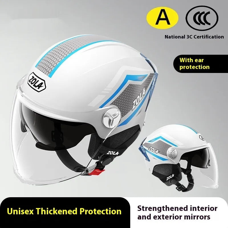3C certified motorcycle half helmet showing integrated sun visor and dual anti-fog mirrors on a swivel mount.
