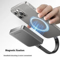 Grey magnetic mobile external SSD for phones and computers with a C to C cable and magnetic ring.