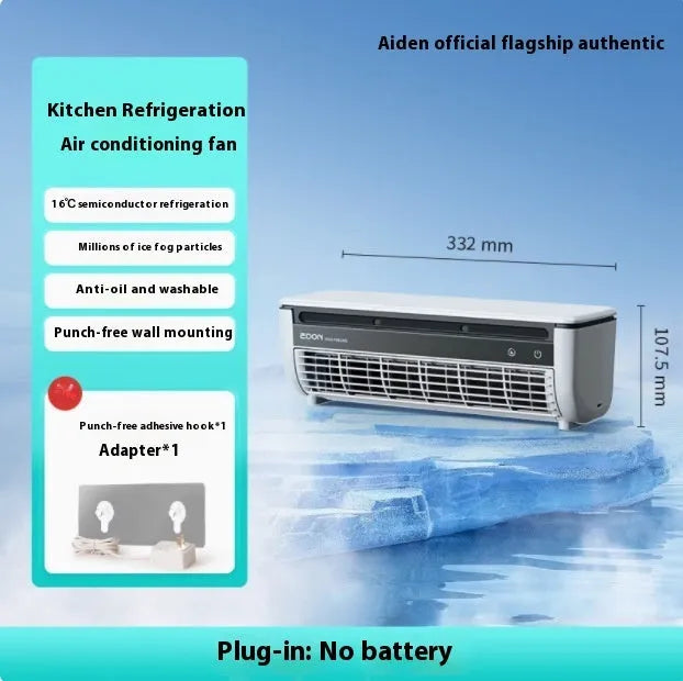 Grey rechargeable wall hanging fan with remote control and stand on a table