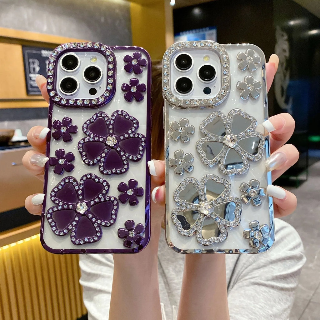 Plum blossom diamond flower plated phone case for iPhone in rose gold, TPU and acrylic back cover with bracket