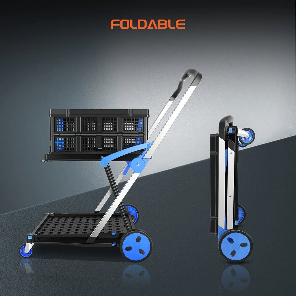 Blue foldable shopping cart with double-layer plastic baskets showing collapsed and expanded positions