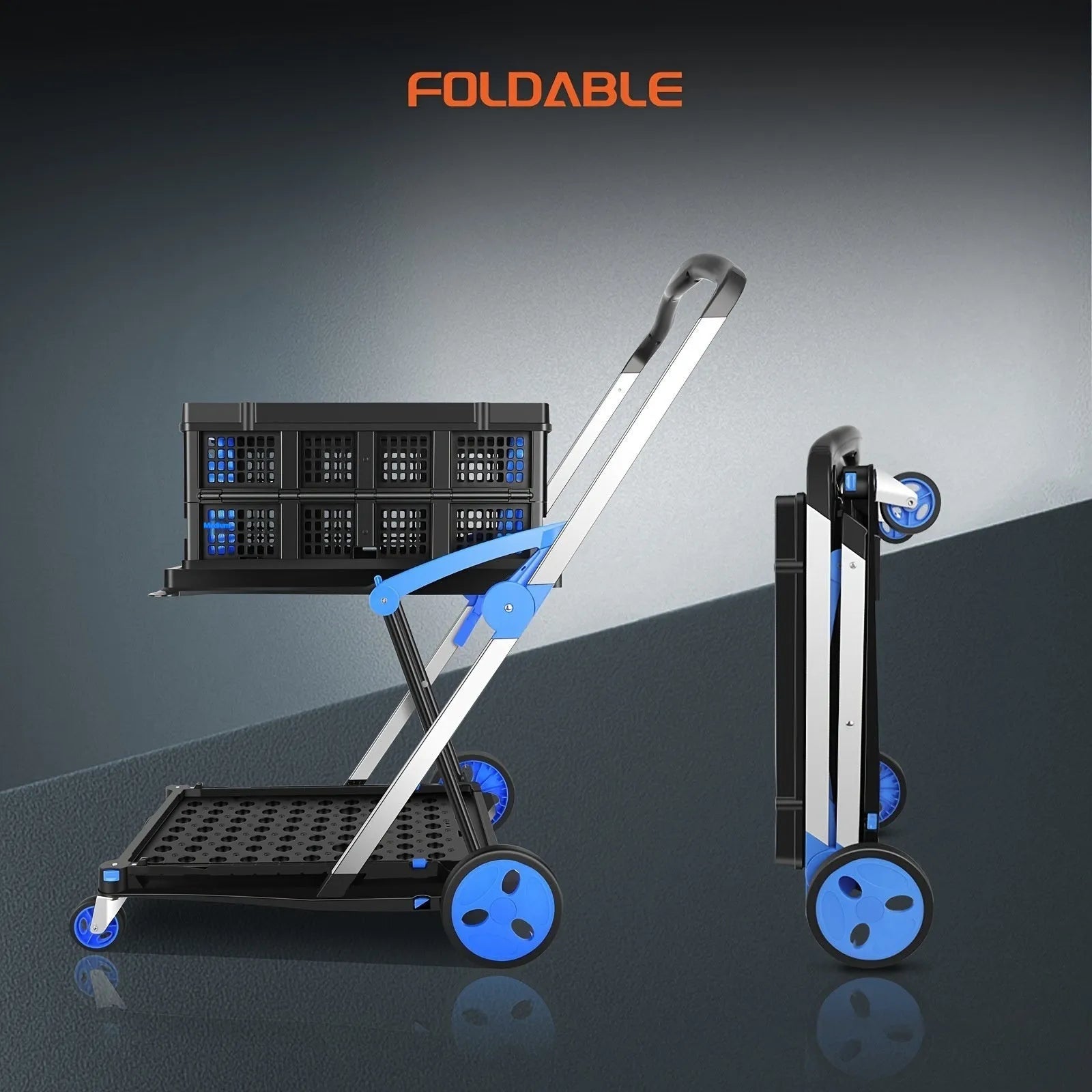 Blue foldable shopping cart with double-layer plastic baskets showing collapsed and expanded positions