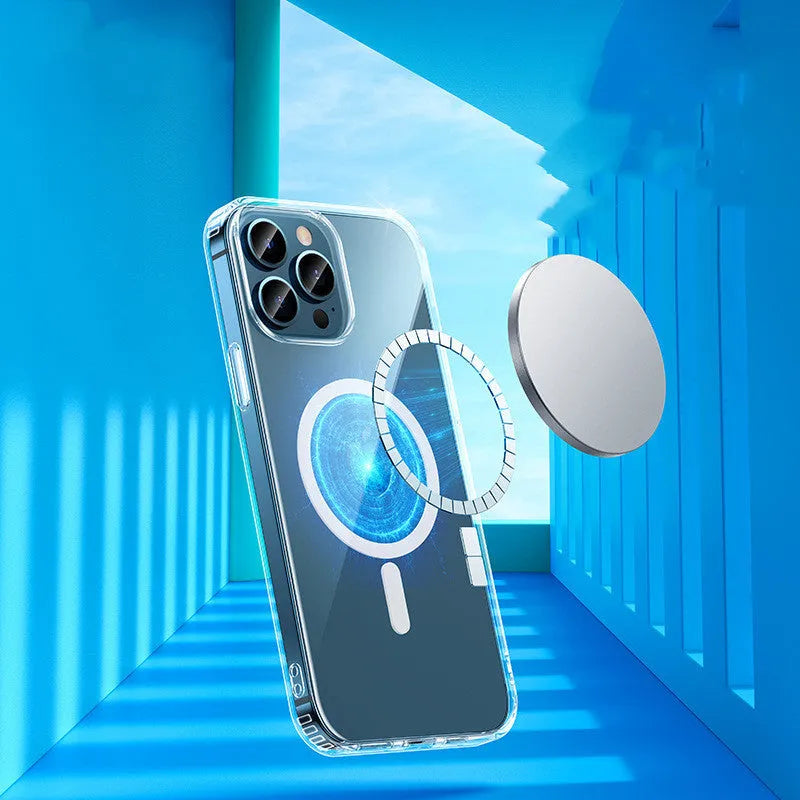 Transparent MagSafe magnetic protective case for Apple iPhone 13 smartphone.