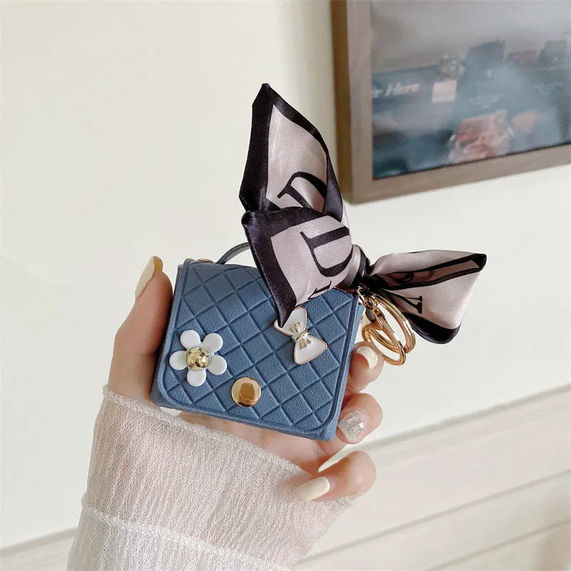 Simulated leather earphone bag for AirPods Universal in pink silk scarf design with soft shell finish