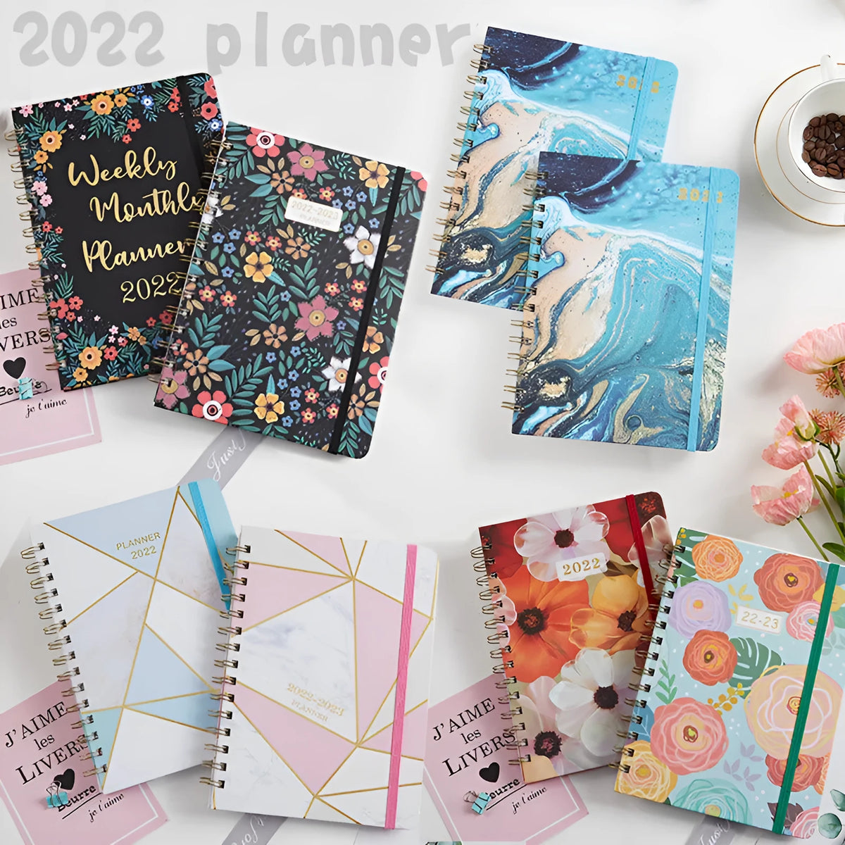 A5 spiral bound notebook, 155 x 215mm, 136 pages, 100gsm paper, paper cover in Blue Art or floral design