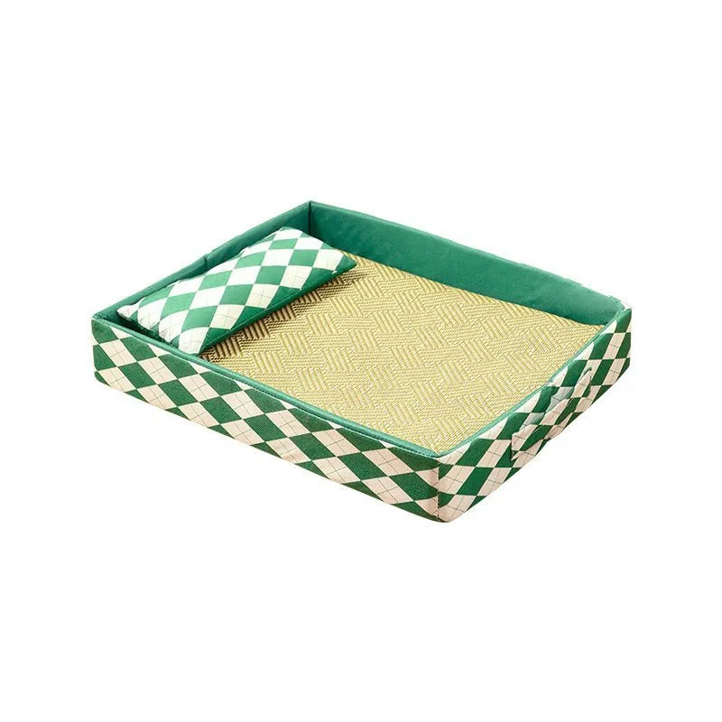 Blue rattan weave cat bed and litter mat in a raised frame, shown with a cat resting on it.