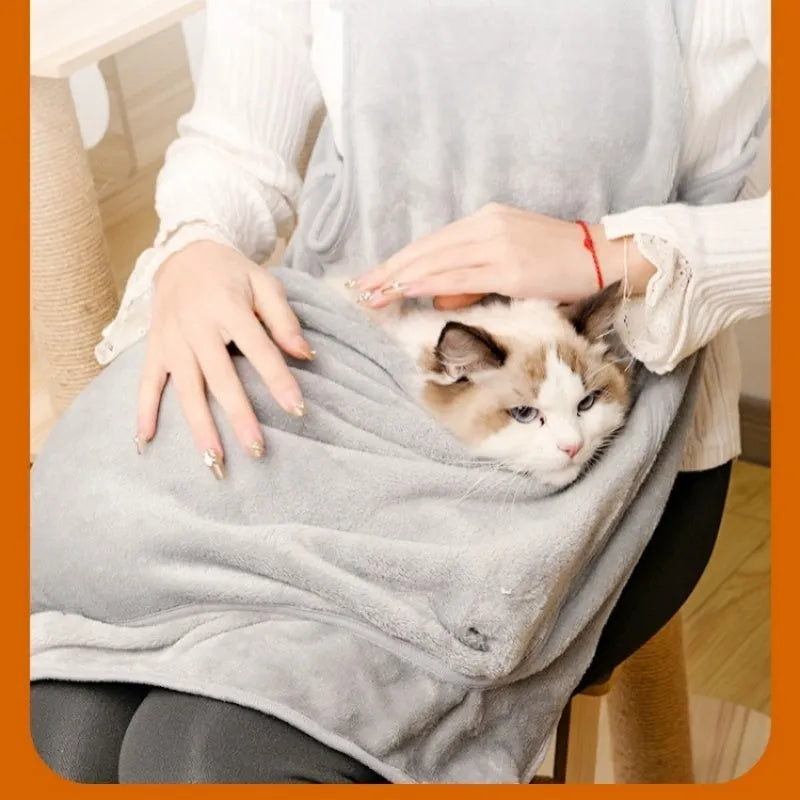 Plush adjustable pet carrier apron bag for small dogs and cats, shown in beige colour.