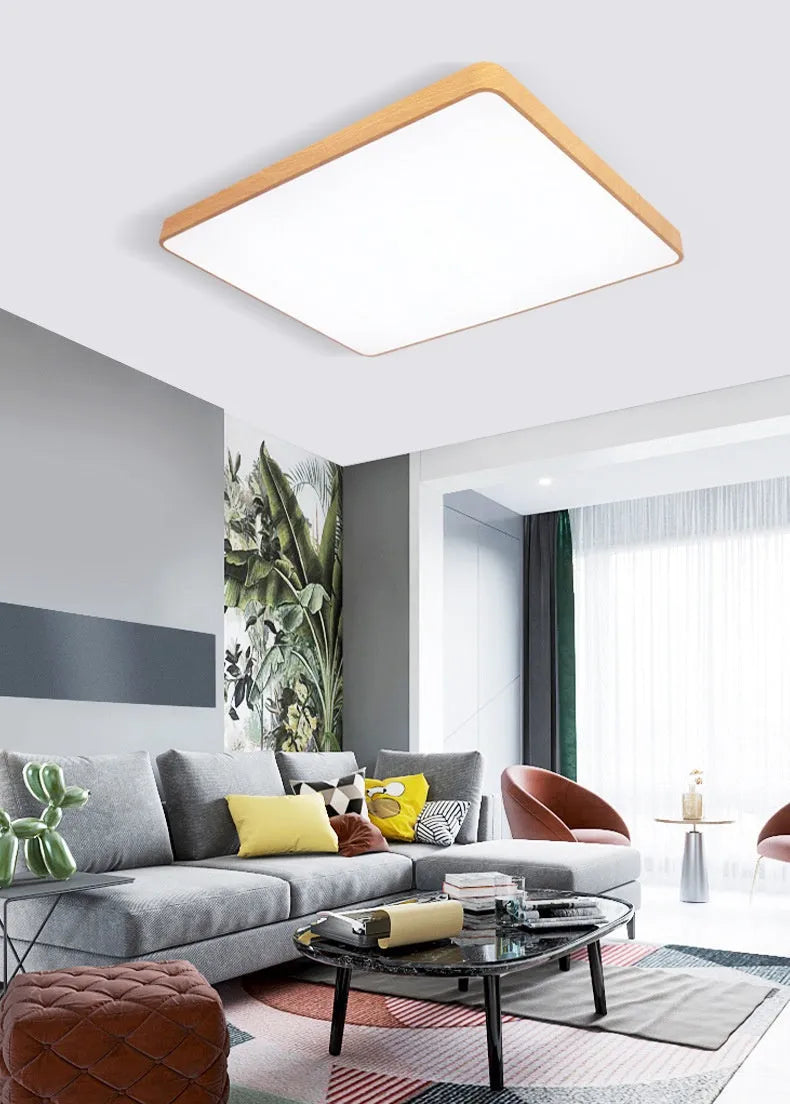 Square Nordic-style ceiling light with iron frame and wood grain finish, shown in a modern bedroom setting.