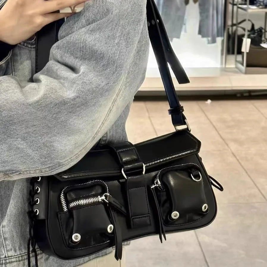 Black PU leather women's underarm baguette messenger bag with adjustable shoulder strap