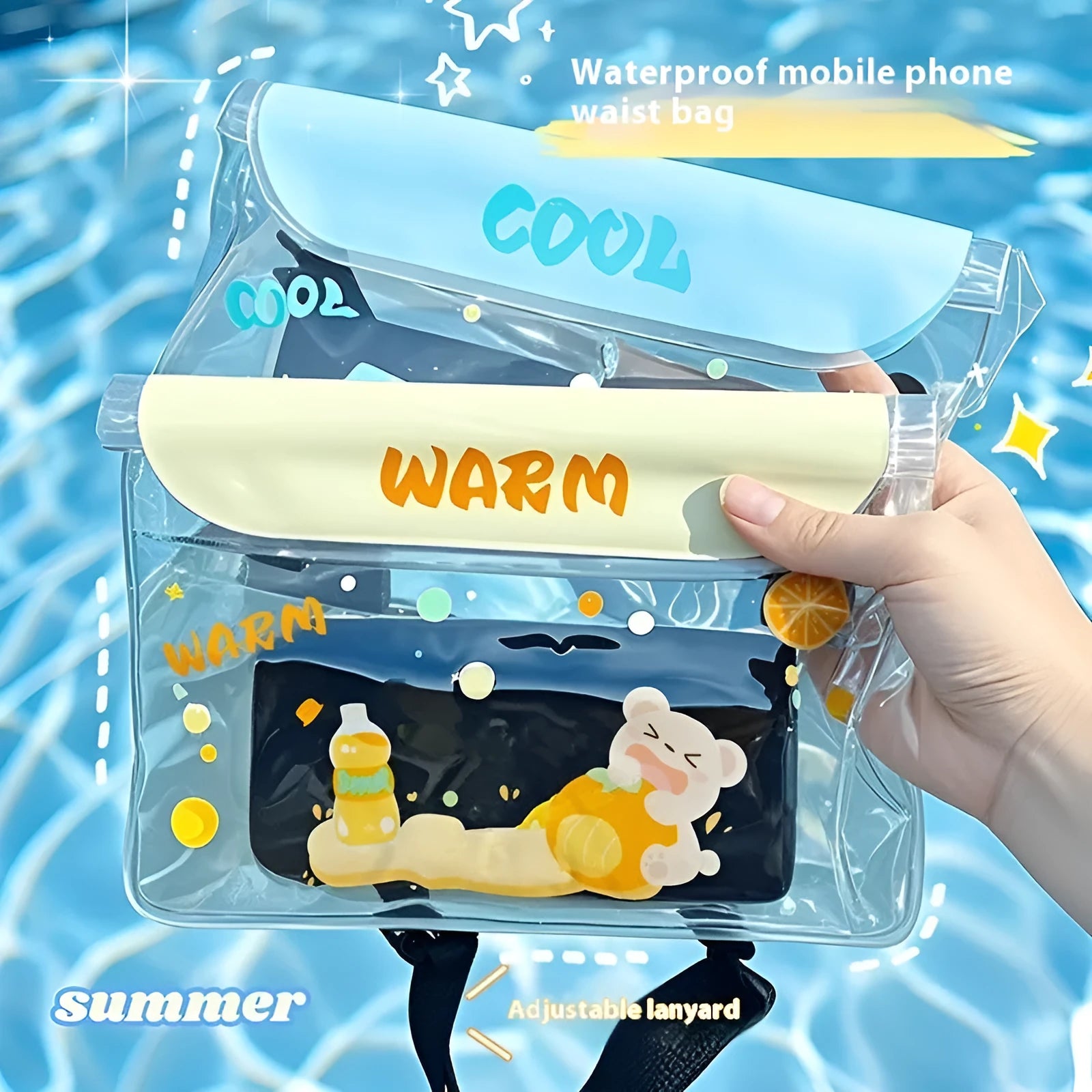 PVC waterproof mobile waist bag with touch screen and adjustable strap, blue whale cartoon design