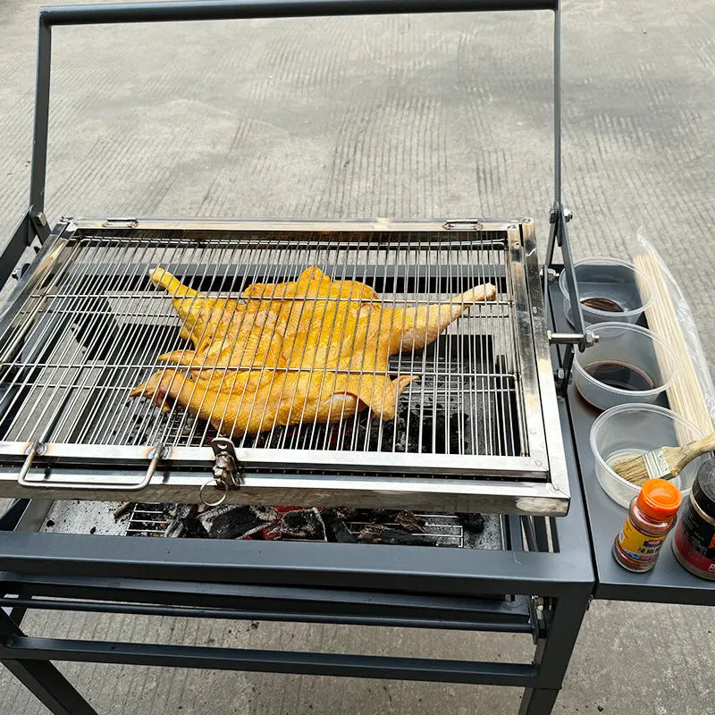 Large portable charcoal flip BBQ stove with foldable detachable design.