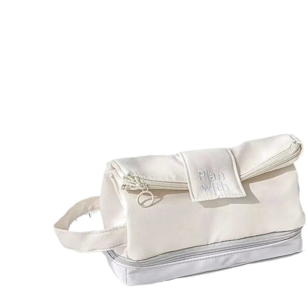 Folding double layer student pencil case in blue, navy blue, and cream white colours