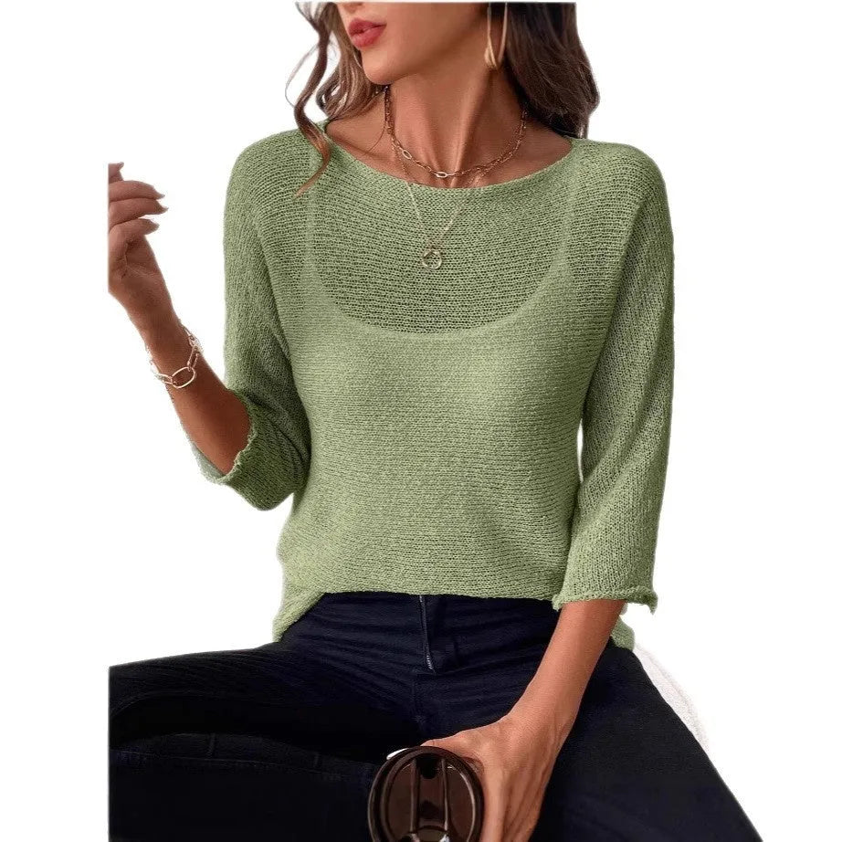 Women's thin off-shoulder knit jumper in matcha green with 3/4 sleeves and a 3D pattern.
