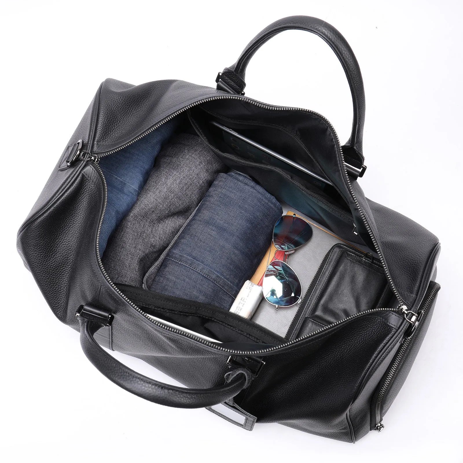 Men's leather excursion bag with shoulder strap in black and coffee colour options