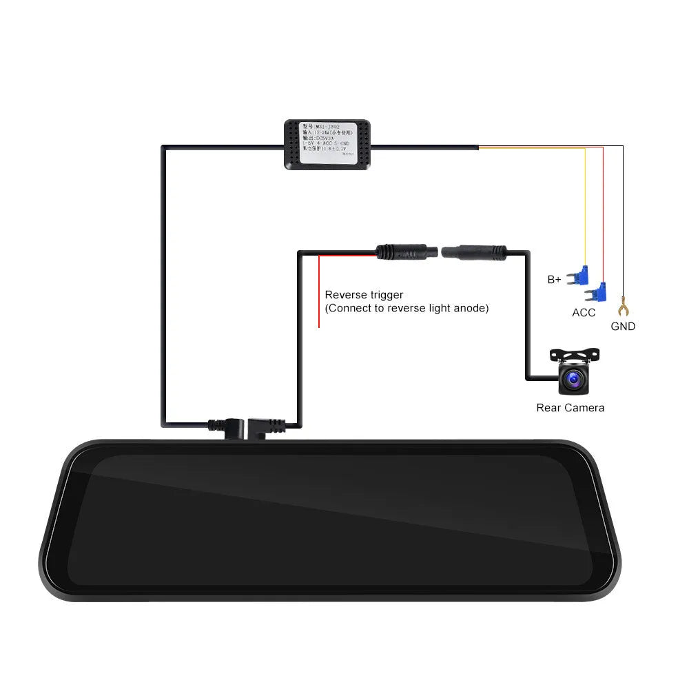 9.66 inch mirror-style car dash cam with HD screen showing video display and smartphone connectivity icons.