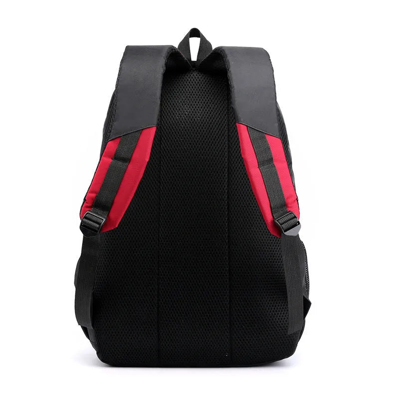 Black waterproof nylon high school backpack with airpillow straps, shown alongside red, blue, and gray colour options.