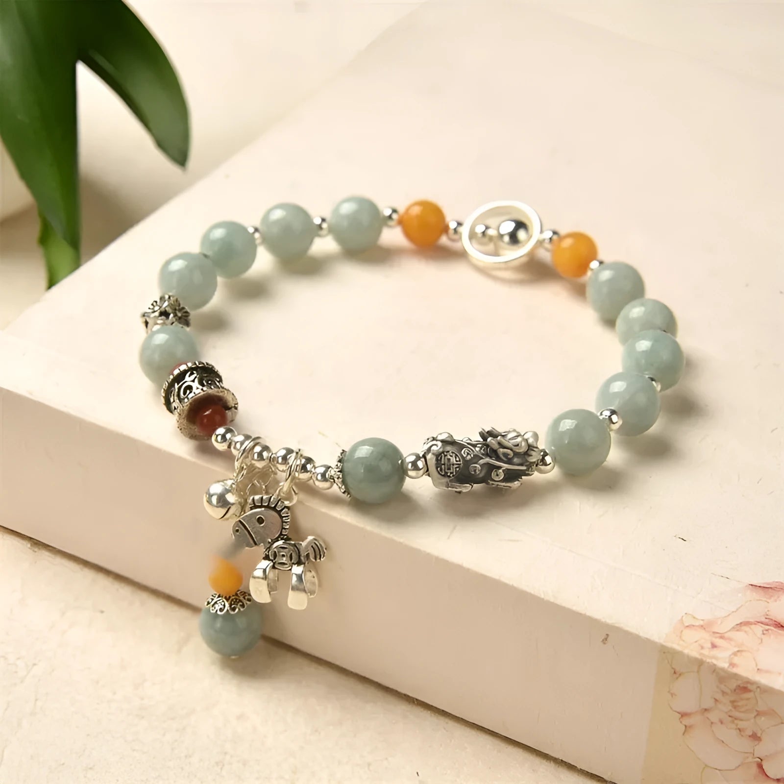 Natural emerald vintage bracelet with jade stone and antique alloy setting in retro style