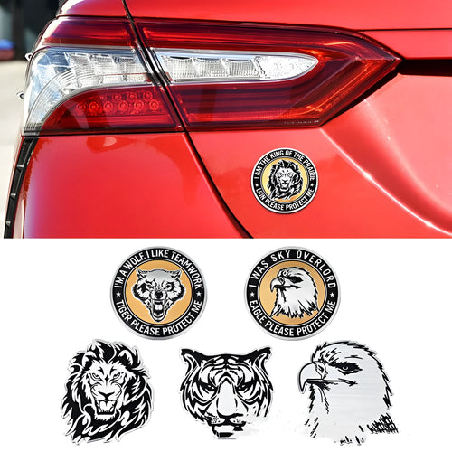Aluminium car sticker set showing lion, eagle, wolf head and tiger emblem designs for vehicle modification.