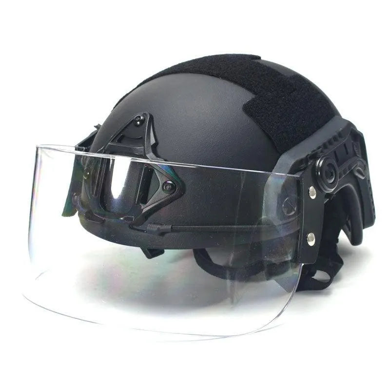 Transparent polycarbonate helmet mask with guide rail for attachment, showing semi-rimless sports design.