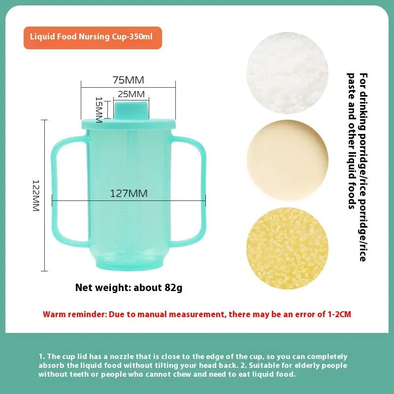 Oblique mouth choke-proof plastic drinking cup with handle and lid for elderly and pregnant adults.