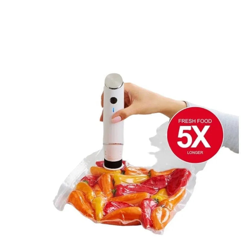 White USB electric vacuum sealer pump and five clear plastic 26x28cm storage bags.