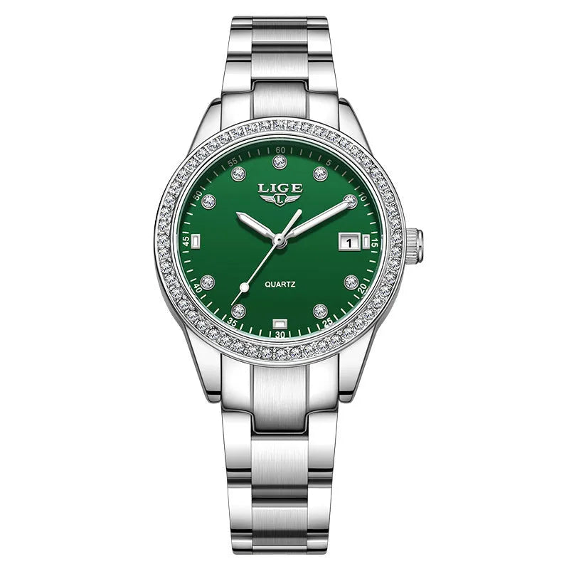 Silver fashion quartz watch with diamond markers on a 34mm stainless steel case and luminous hands.