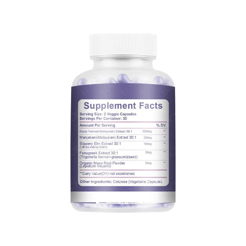 Bottle containing 60 vaginal capsules with herbal extraction formula for adult women's intimate wellness