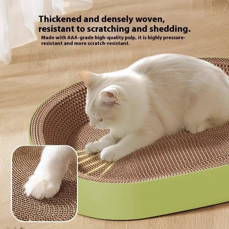 Green oval corrugated paper cat scratch board and nest with a 55cm diameter.