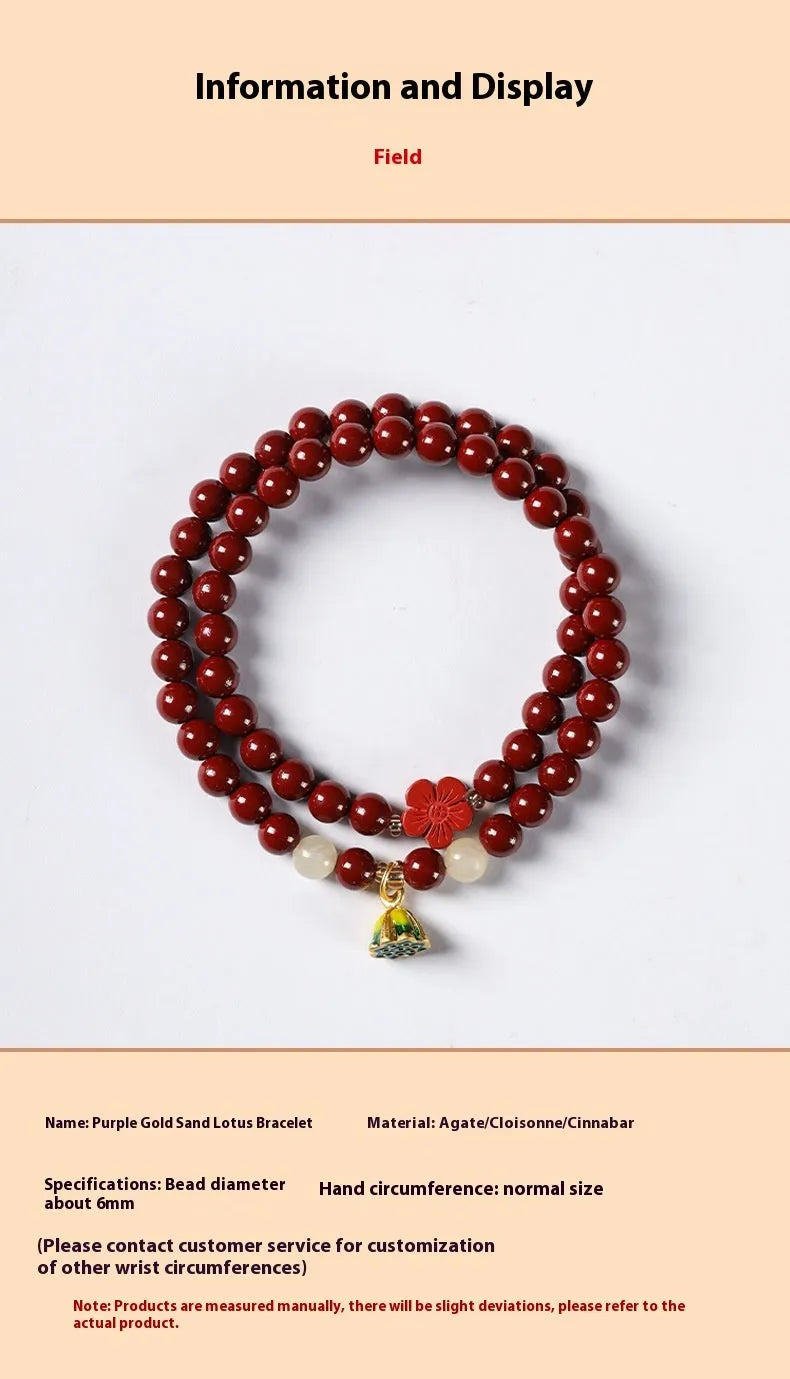 Purple gold sand double circle women's bracelet with 6mm hand-woven beads and lotus seedpod retro design