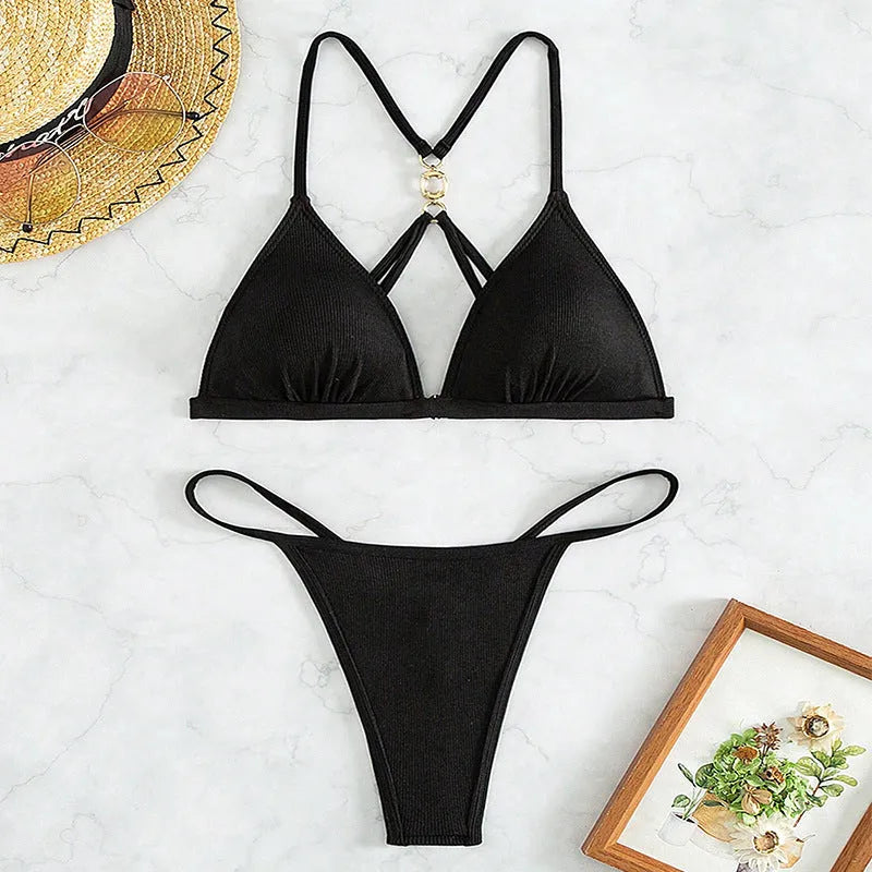 Black women's hollow backless bikini with split triangle top and matching bottoms