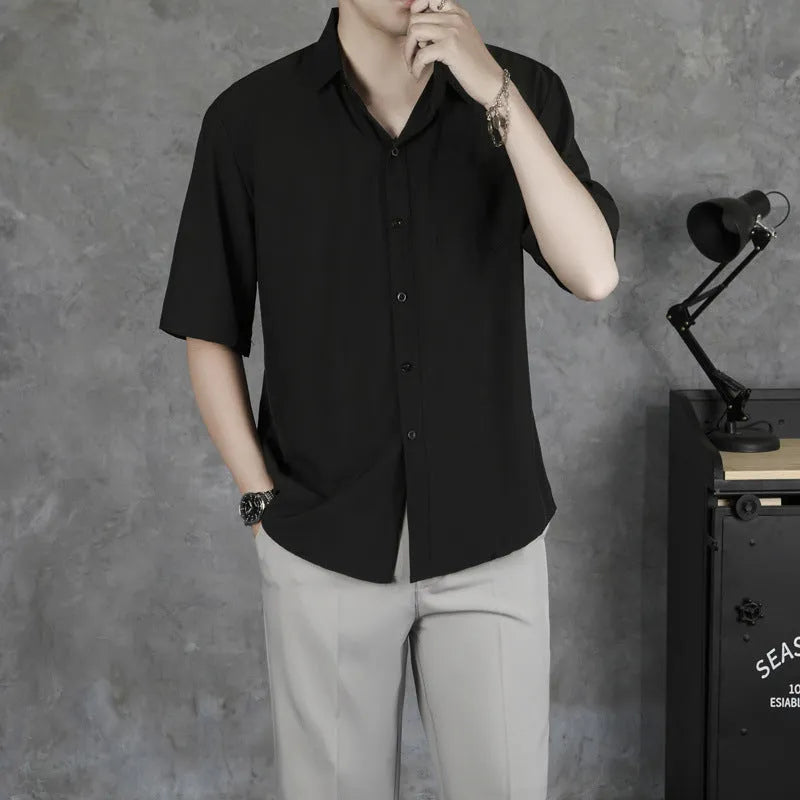 Men's summer casual shirt cotton blend loose fit wrinkle-free treatment solid colour