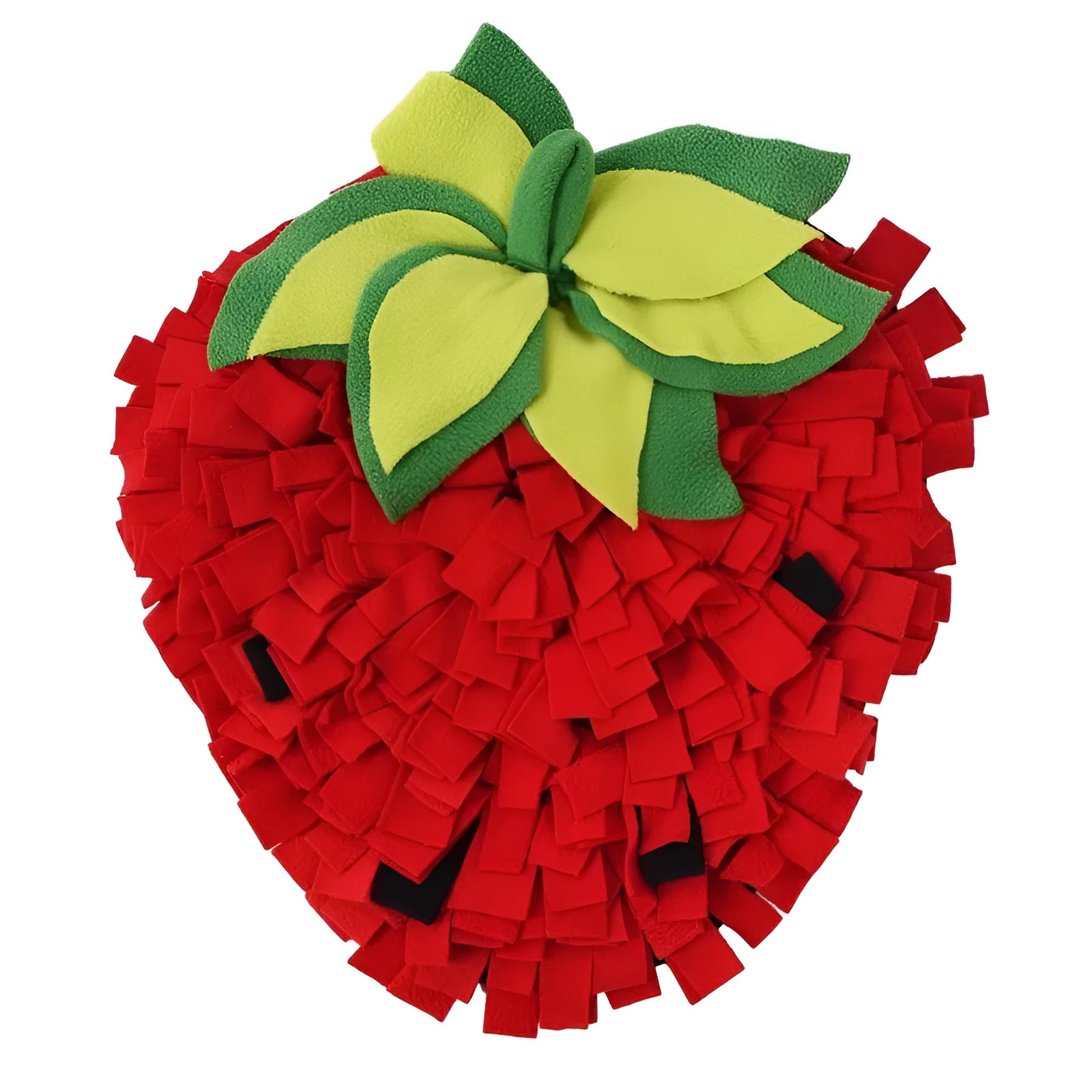 Red and green strawberry-shaped pet snuffle mat with hiding spots for interactive feeding