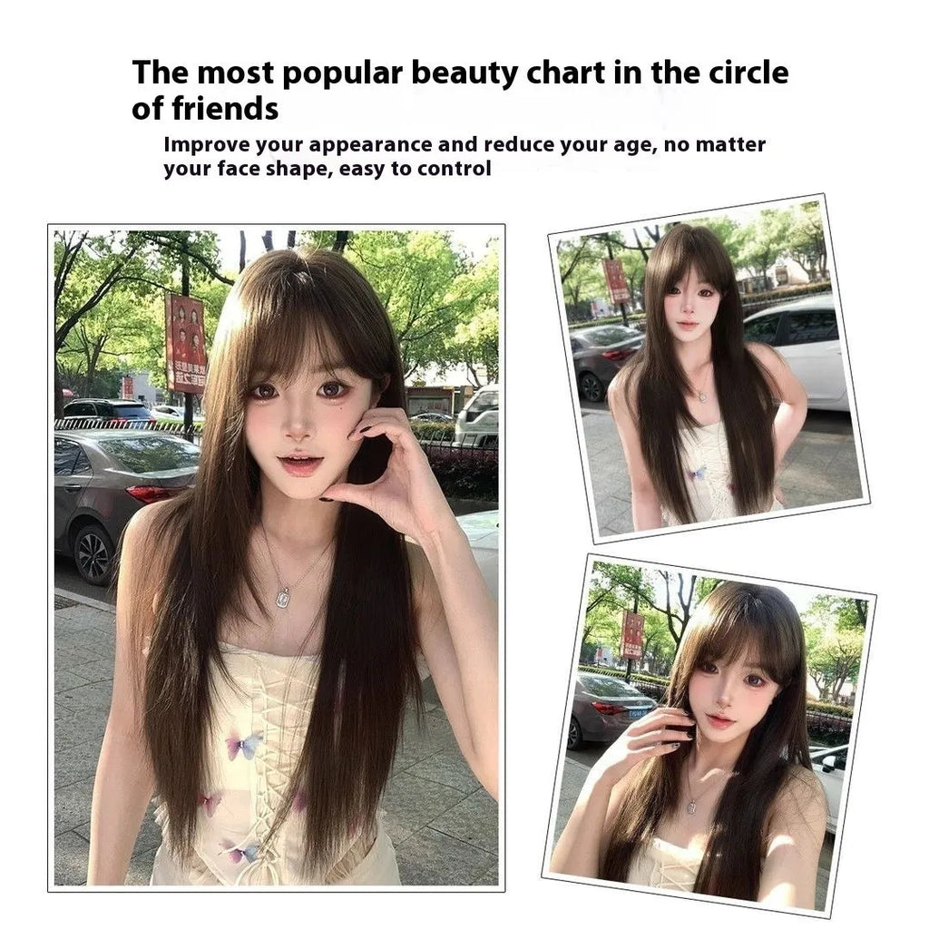 Brown black ladies' synthetic wig with high-temperature fibre hair material and wear-free hair net