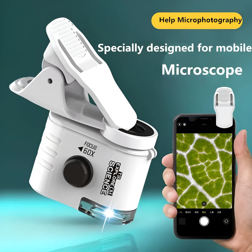 Mini 60x magnification mobile phone microscope with LED light and detachable phone clip on a white background.