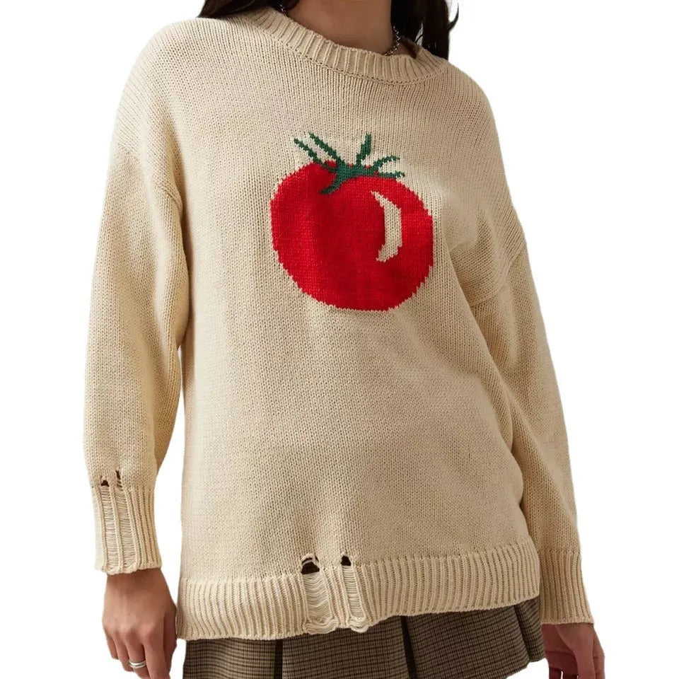 Women's milky white acrylic jacquard pullover sweater with round neck and loose fit