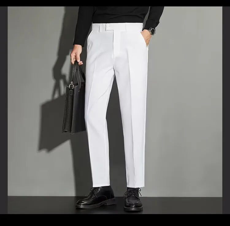 Men's straight-leg suit trousers in chemical fibre blend available in multiple colours and sizes