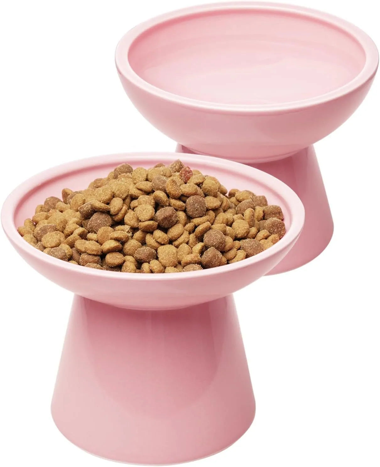 Ceramic elevated cat food bowl in blue colour with wide shallow design and raised base