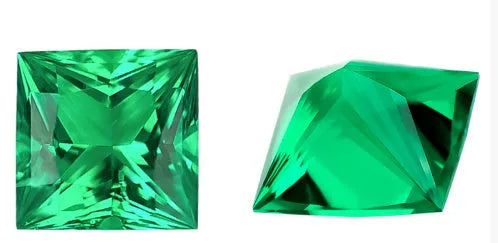Cultivated emerald gemstones in Columbia green treasure colour showing round and princess cut sizes