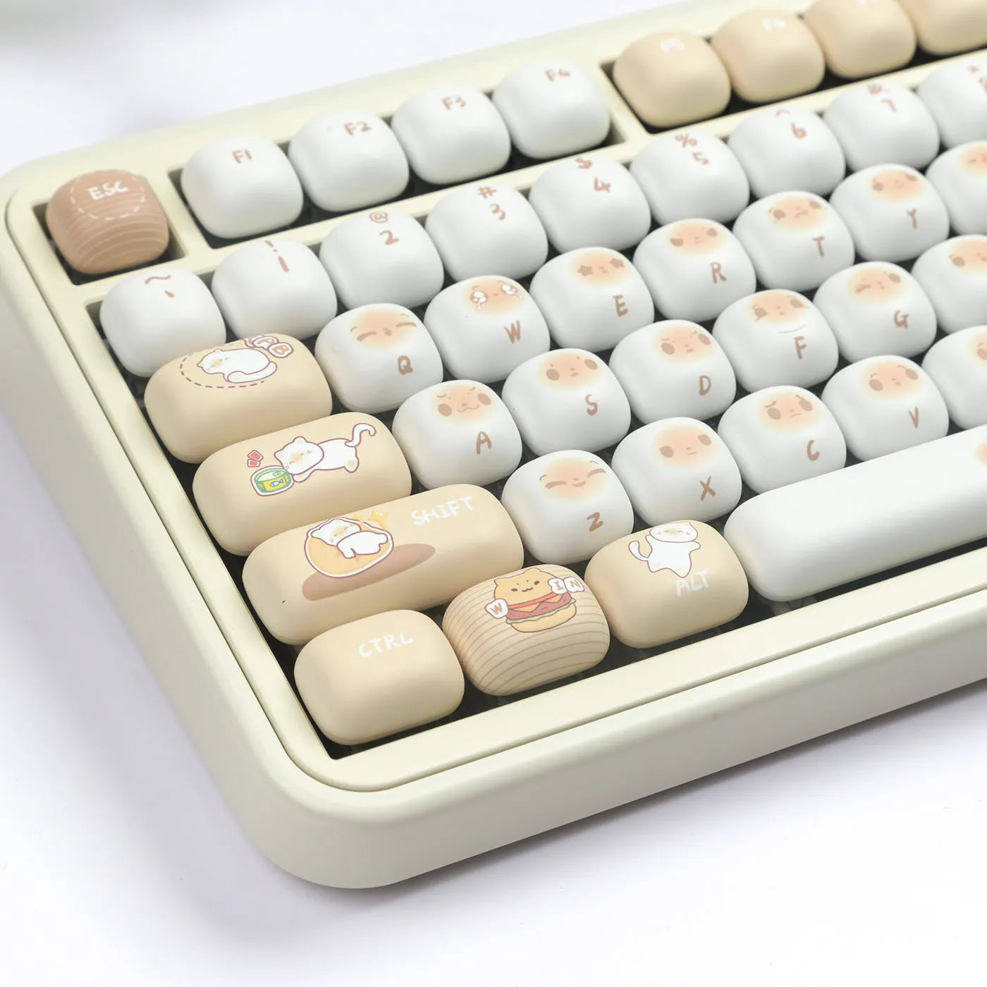 PBT mechanical keyboard keycap set showing 7u march past steamed bread and cat design.