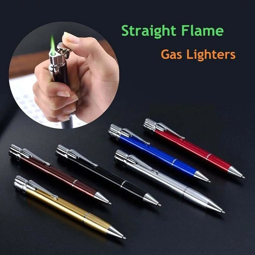 Slim metal windproof pen lighter with jet flame, shown with key chain in selectable colours.