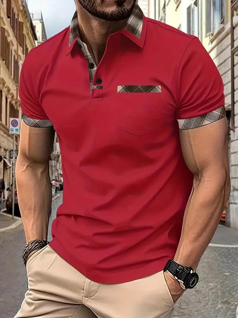 Men's loose fit plaid colourblock short sleeve t-shirt with zipper details on a neutral background.