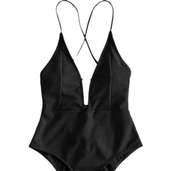 Solid colour backless lace-up one-piece swimsuit for women in black