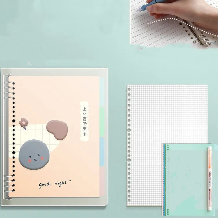 B5 hardcover detachable notebook open showing colour pages and binding system