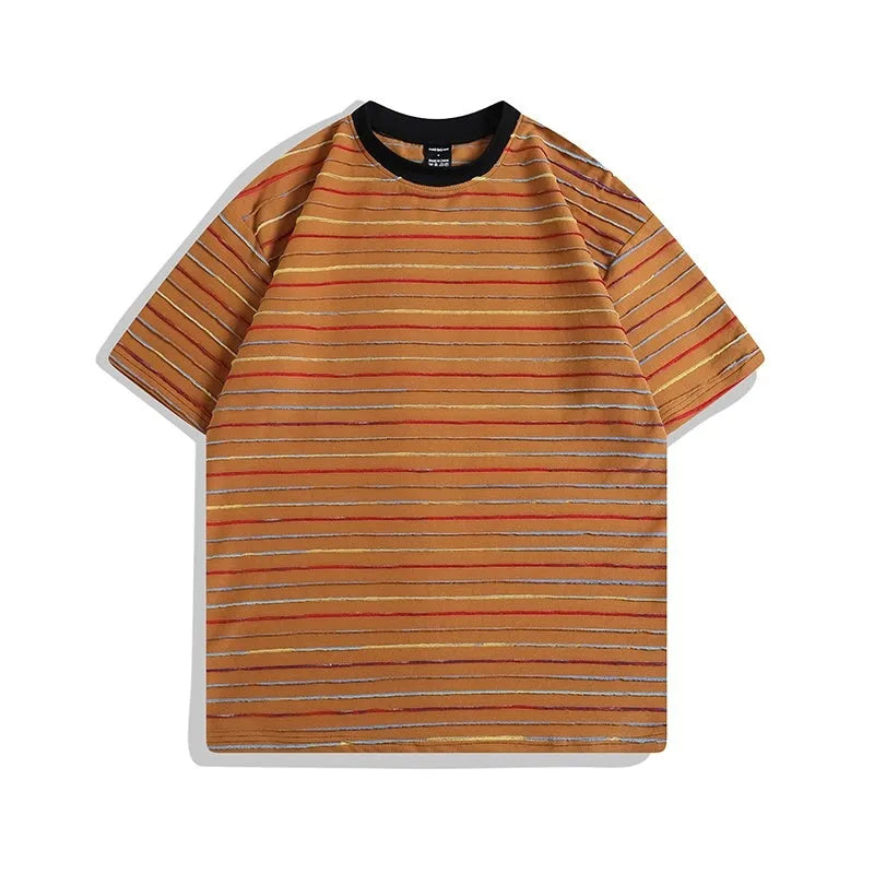 Men's striped loose fit short sleeve T-shirt in apricot colour with round neck and half sleeve design