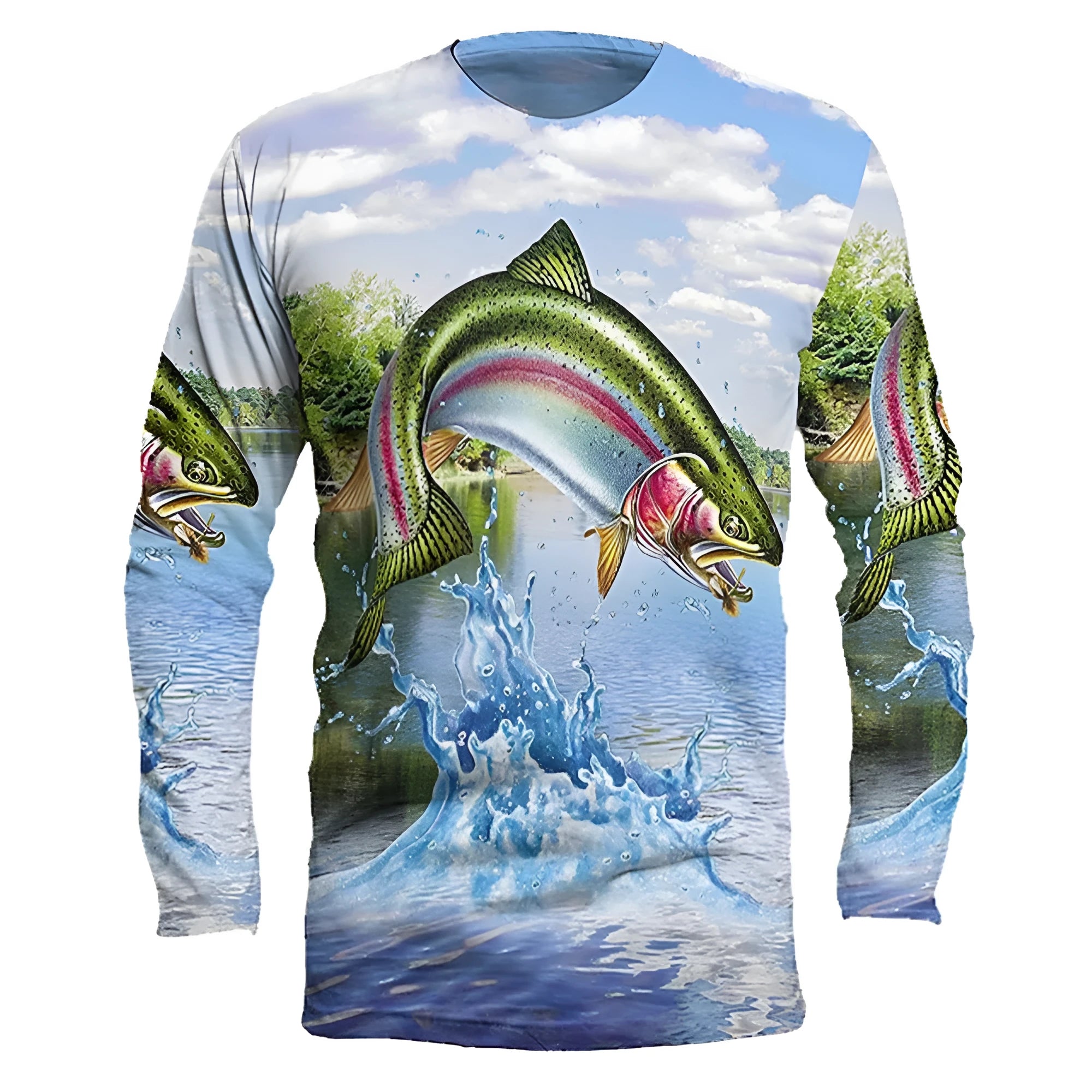 Men's fish printed long-sleeved pullover top in milk silk polyester fabric showing round neck design