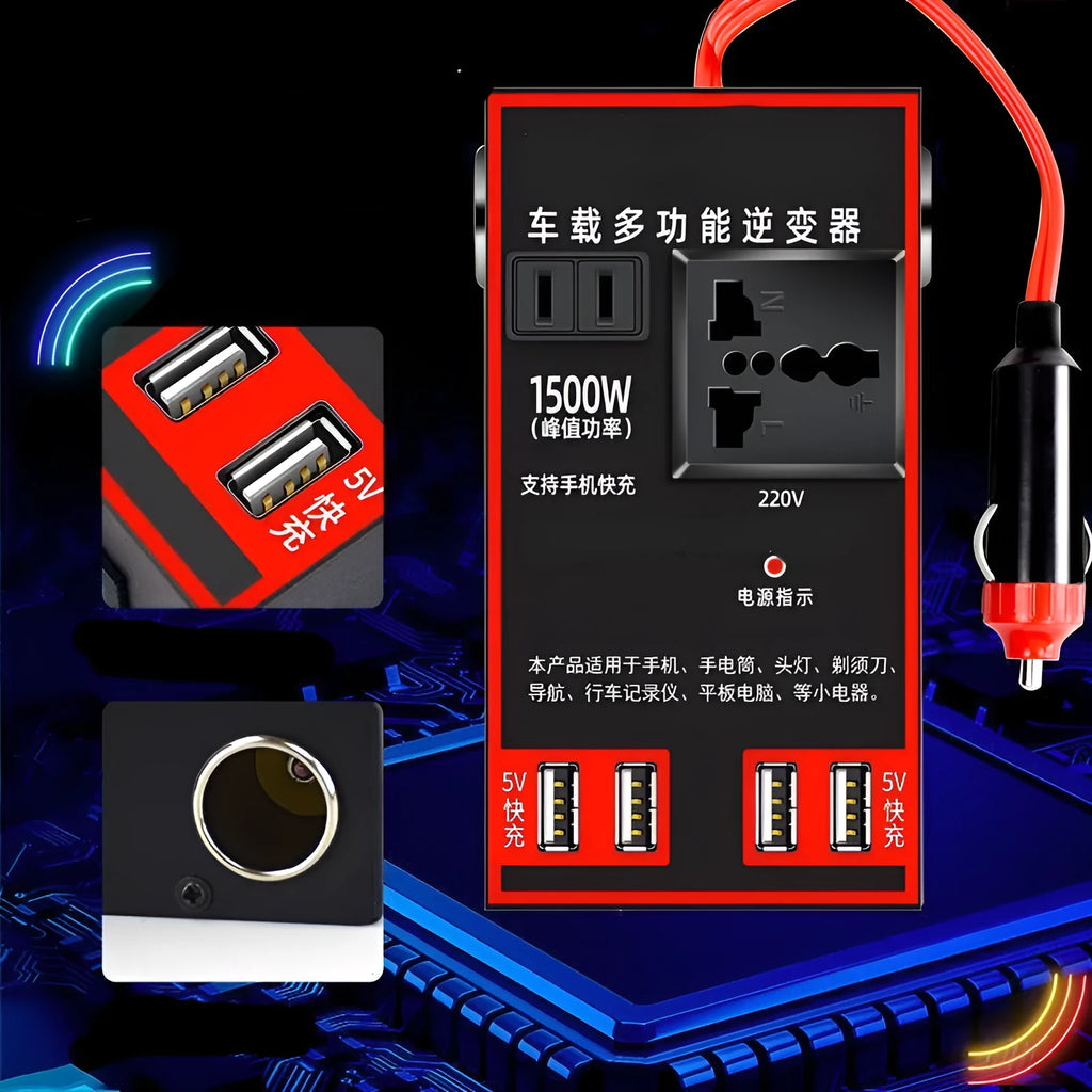 Black automotive power converter that converts 12V or 24V car battery power to 220V AC household electricity
