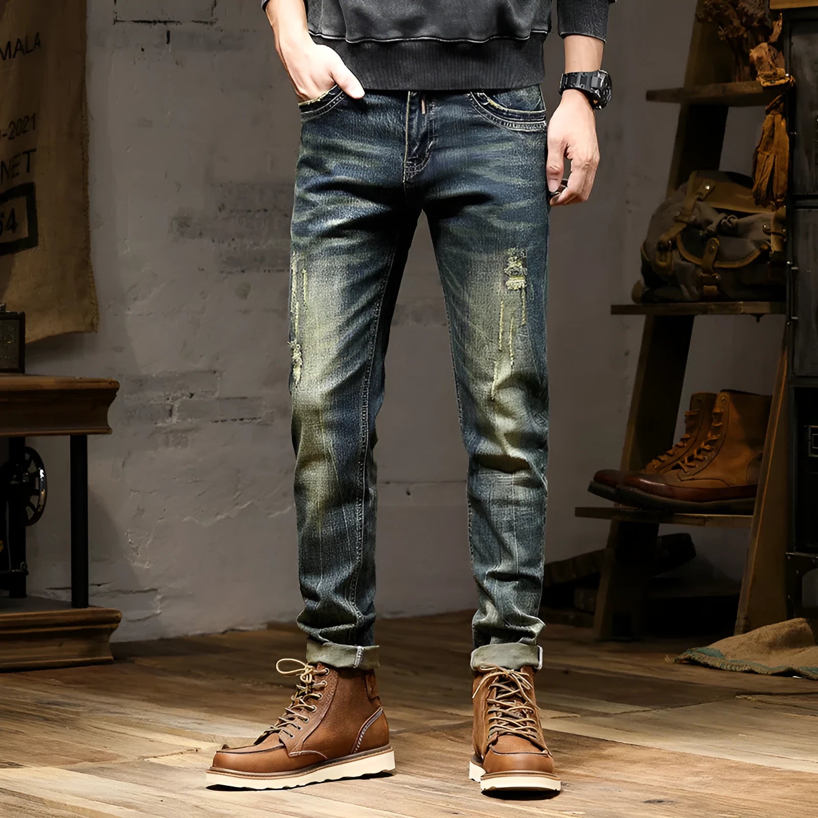 Men's skinny fit stretch denim jeans in a retro blue wash with a five-pocket design.